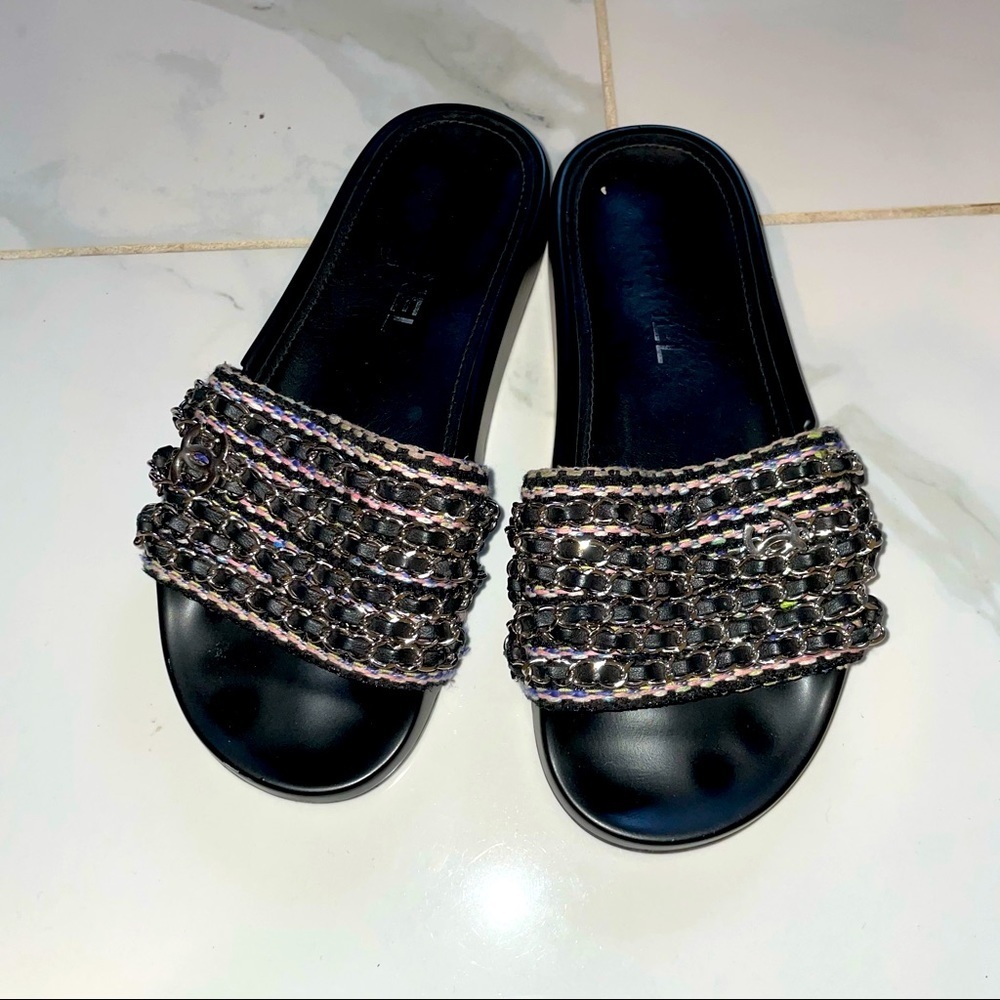 Chanel tweed slides